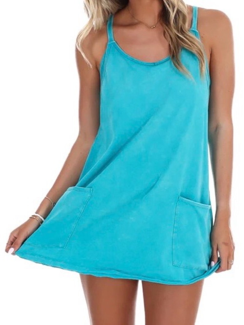Zenana Light Teal Acid Wash Romper Dress Small
